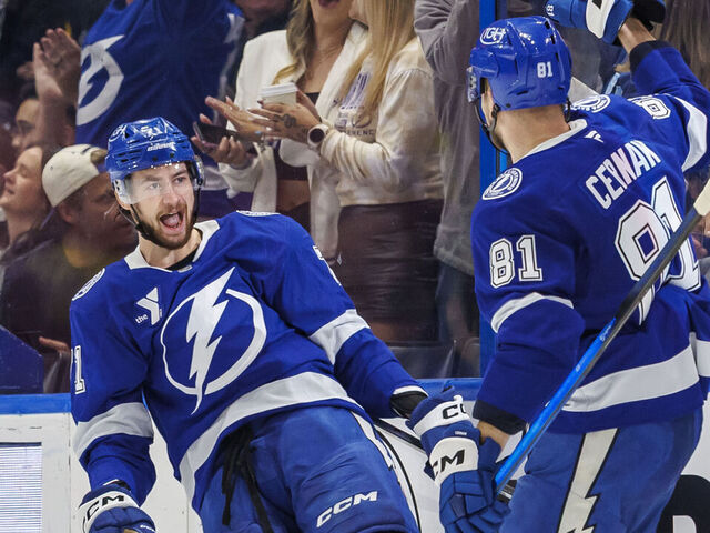 TAMPA, FL - APRIL 2: Anthony Cirelli #71 of the Tampa Bay Lightning celebrates a goal with teammate Erik Cernak #81 against the Pittsburgh Penguins at Benchmark International Arena on April 2, 2026 in Tampa, Florida.