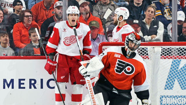 PHILADELPHIA, PENNSYLVANIA - APRIL 02: Patrick Kane #88 of the Detroit Red Wings reacts while celebrating with Alex DeBrincat #93 after scoring a third period goal against Samuel Ersson #33 of the Philadelphia Flyers at the Xfinity Mobile Arena on April 2, 2026 in Philadelphia, Pennsylvania.