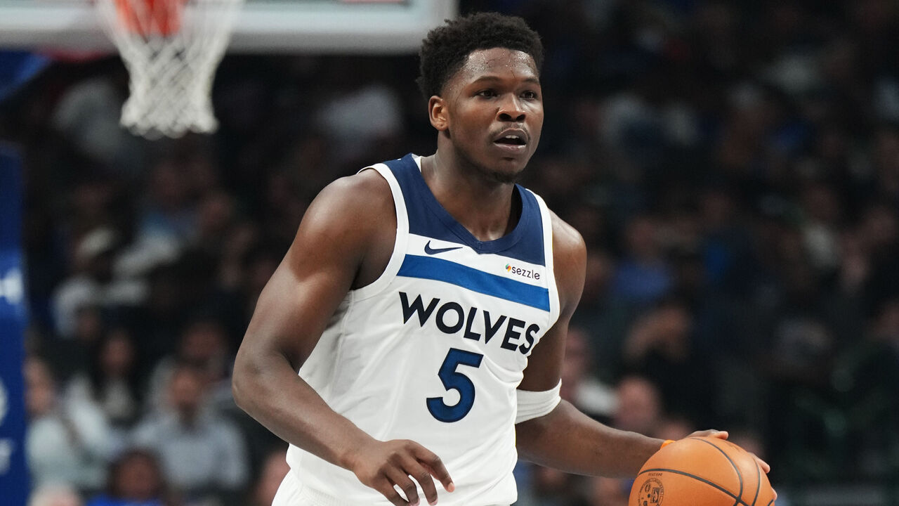 DALLAS, TX - MARCH 30: Anthony Edwards #5 of the Minnesota Timberwolves handles the ball during the game against the Dallas Mavericks on March 30, 2026 at American Airlines Center in Dallas, Texas. Mandatory Copyright Notice: Copyright 2026 NBAE