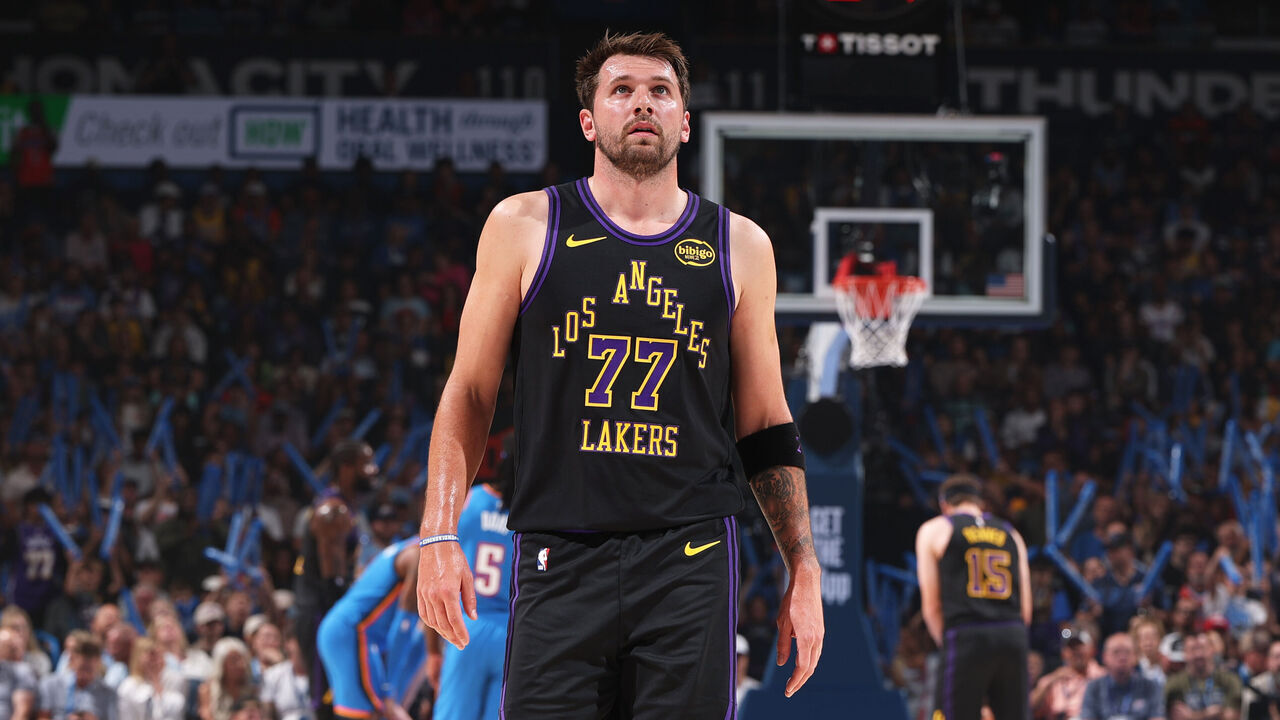 OKLAHOMA CITY, OK - APRIL 2: Luka Doncic #77 of the Los Angeles Lakers looks on during the game against the Oklahoma City Thunder on April 2, 2026 at Paycom Center in Oklahoma City, Oklahoma. Mandatory Copyright Notice: Copyright 2026 NBAE