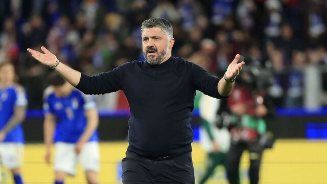 BERGAMO, ITALY - 2026/03/26: Gennaro Gattuso, head coach of Italy, celebrates their victory at the end of the match during the FIFA World Cup 2026 European Play-off semifinal match between Italy and Northern Ireland at New Balance Arena. Final score Italy 2 : 0 Northern Ireland.