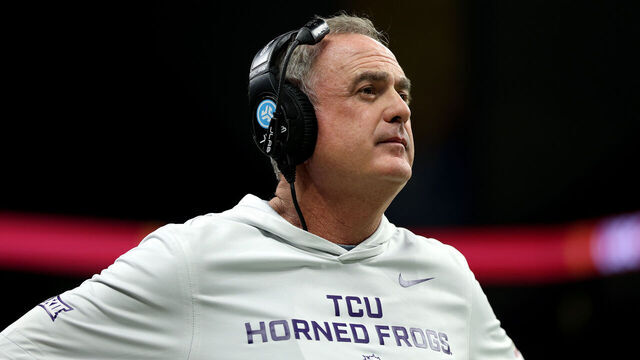 SAN ANTONIO, TEXAS - DECEMBER 30: Head coach Sonny Dykes of the TCU Horned Frogs looks on during the second quarter of the game against the USC Trojans at Alamodome on December 30, 2025 in San Antonio, Texas.