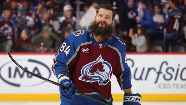 DENVER, COLORADO - MARCH 30: Brent Burns #84 of the Colorado Avalanche skates prior to the game against the Calgary Flames at Ball Arena on March 30, 2026 in Denver, Colorado.