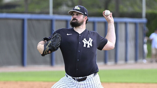 TAMPA, FLORIDA - MARCH 14, 2026: Carlos Rodon #55 of the New York Yankees throws a pitch during a live batting practice session on Field 2 prior to a game against the Philadelphia Phillies at George M. Steinbrenner Field on March 14, 2026 in Tampa, Florida. The Phillies beat the Yankees, 6-4.