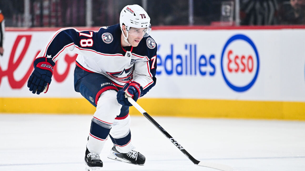 MONTREAL, CANADA - MARCH 26: Damon Severson #78 of the Columbus Blue Jackets skates during the second period against the Montréal Canadiens at the Bell Centre on March 26, 2026 in Montreal, Quebec, Canada. The Montréal Canadiens defeated the Columbus Blue Jackets 2-1.