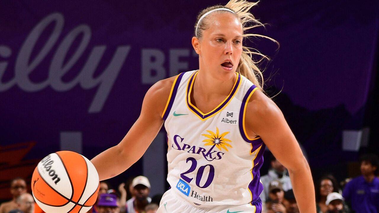 PHOENIX, AZ - SEPTEMBER 9: Julie Allemand #20 of the Los Angeles Sparks handles the ball during the game against the Phoenix Mercury on September 9, 2025 at PHX Arena in Phoenix, Arizona. Mandatory Copyright Notice: Copyright 2025 NBAE