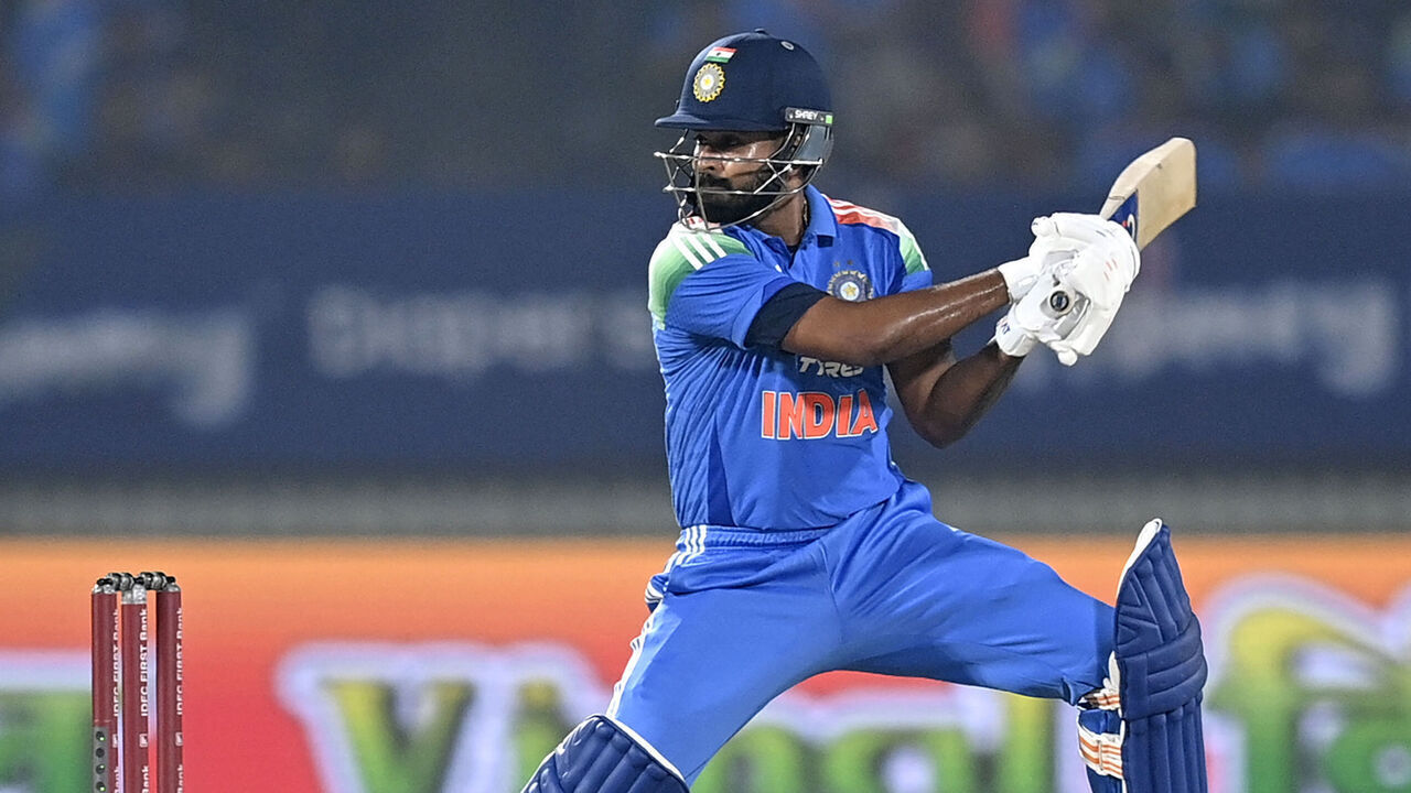 India's Shreyas Iyer plays a shot during the first one-day international (ODI) cricket match between India and New Zealand at the Kotambi Stadium in Vadodara on January 11, 2026. / -- IMAGE RESTRICTED TO EDITORIAL USE - STRICTLY NO COMMERCIAL USE --