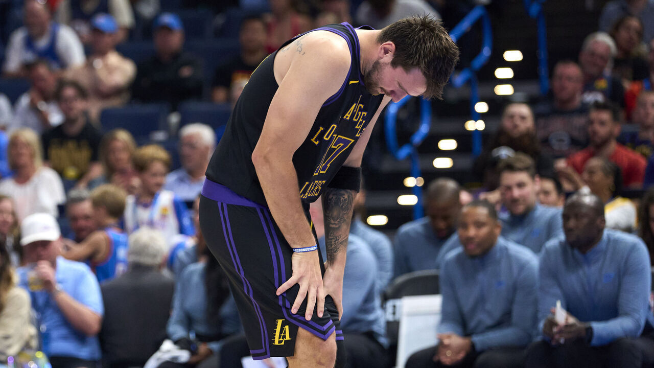 OKLAHOMA CITY, OKLAHOMA - APRIL 02: Luka Doncic #77 of the Los Angeles Lakers reacts after a play during the second half against the Oklahoma City Thunder at the Paycom Center on April 2, 2026 in Oklahoma City, Oklahoma.