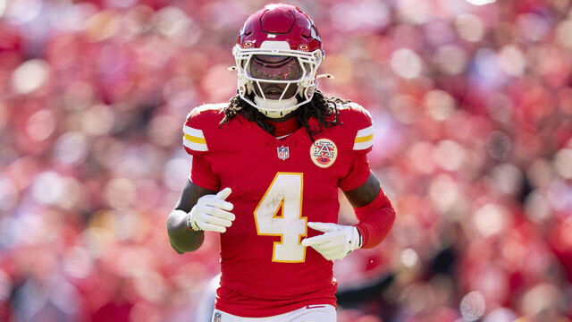 KANSAS CITY, MISSOURI - OCTOBER 19: Rashee Rice #4 of the Kansas City Chiefs runs during an NFL football game against the Las Vegas Raiders at GEHA Field at Arrowhead Stadium on October 19, 2025 in Kansas City, Missouri.