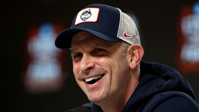 INDIANAPOLIS, INDIANA - APRIL 03: Head coach Dan Hurley of the UConn Huskies speaks to the media at a press conference during the Practice Day of the 2026 NCAA Men's Basketball Tournament at Lucas Oil Stadium on April 03, 2026 in Indianapolis, Indiana.