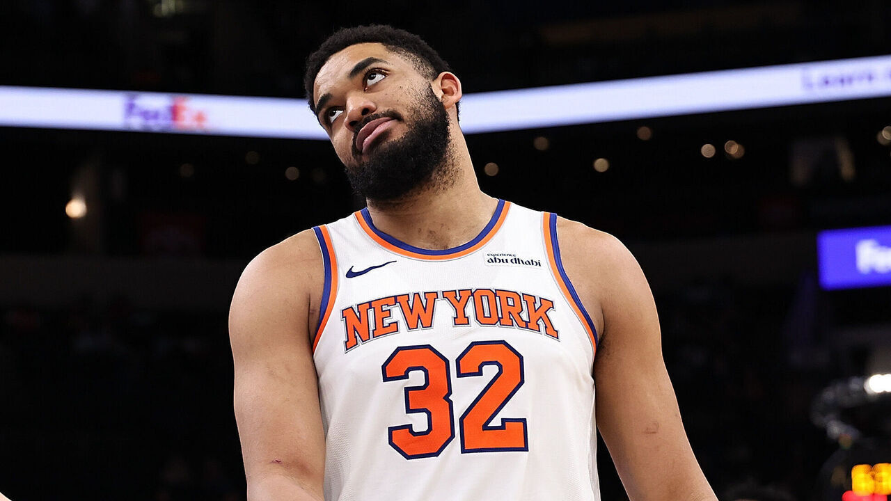 MEMPHIS, TENNESSEE - APRIL 01: Karl-Anthony Towns #32 of the New York Knicks reacts during the game against the Memphis Grizzlies at FedExForum on April 01, 2026 in Memphis, Tennessee.
