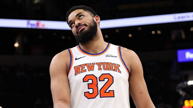 MEMPHIS, TENNESSEE - APRIL 01: Karl-Anthony Towns #32 of the New York Knicks reacts during the game against the Memphis Grizzlies at FedExForum on April 01, 2026 in Memphis, Tennessee.