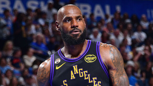OKLAHOMA CITY, OK - APRIL 2: LeBron James #23 of the Los Angeles Lakers looks on during the game against the Oklahoma City Thunder on April 2, 2026 at Paycom Center in Oklahoma City, Oklahoma. Mandatory Copyright Notice: Copyright 2026 NBAE