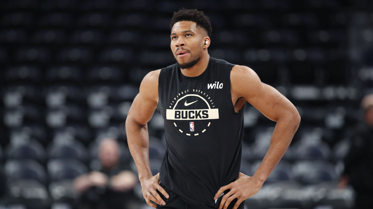 SALT LAKE CITY, UT - MARCH 19: Giannis Antetokounmpo #29 of the Milwaukee Bucks walks on the court during warmups before a game against the Utah Jazz at the Delta Center on March 19, 2026 in Salt Lake City, Utah. NOTE TO USER: User expressly acknowledges and agrees that, by downloading and/or using this photograph, user is consenting to the terms and conditions of the Getty Images License Agreement.