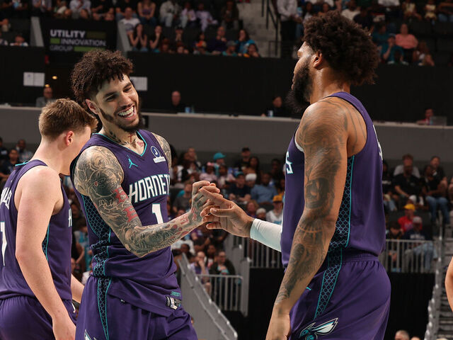 CHARLOTTE, NC - APRIL 3: LaMelo Ball #1 of the Charlotte Hornets high fives teammate during the game against the Indiana Pacers on April 3, 2026 at Spectrum Center in Charlotte, North Carolina. Mandatory Copyright Notice: Copyright 2026 NBAE