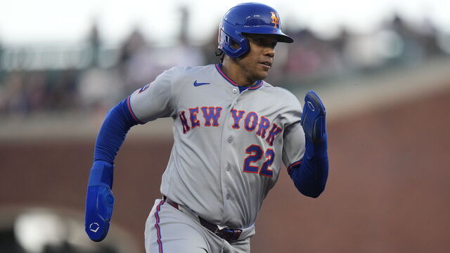 SAN FRANCISCO, CALIFORNIA - APRIL 2: Juan Soto #22 of the New York Mets grounds out at Oracle Park on April 2, 2026 in San Francisco, California.