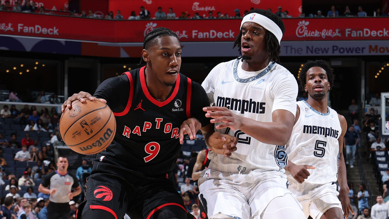 MEMPHIS, TN - APRIL 3: RJ Barrett #9 of the Toronto Raptors dribbles the ball during the game against the Memphis Grizzlies on April 3, 2026 at FedExForum in Memphis, Tennessee. Mandatory Copyright Notice: Copyright 2026 NBAE