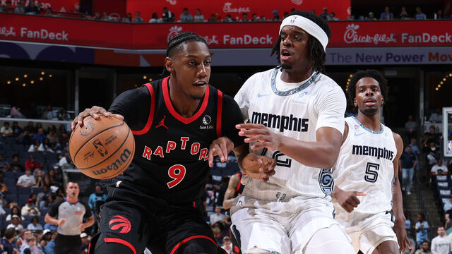 MEMPHIS, TN - APRIL 3: RJ Barrett #9 of the Toronto Raptors dribbles the ball during the game against the Memphis Grizzlies on April 3, 2026 at FedExForum in Memphis, Tennessee. Mandatory Copyright Notice: Copyright 2026 NBAE