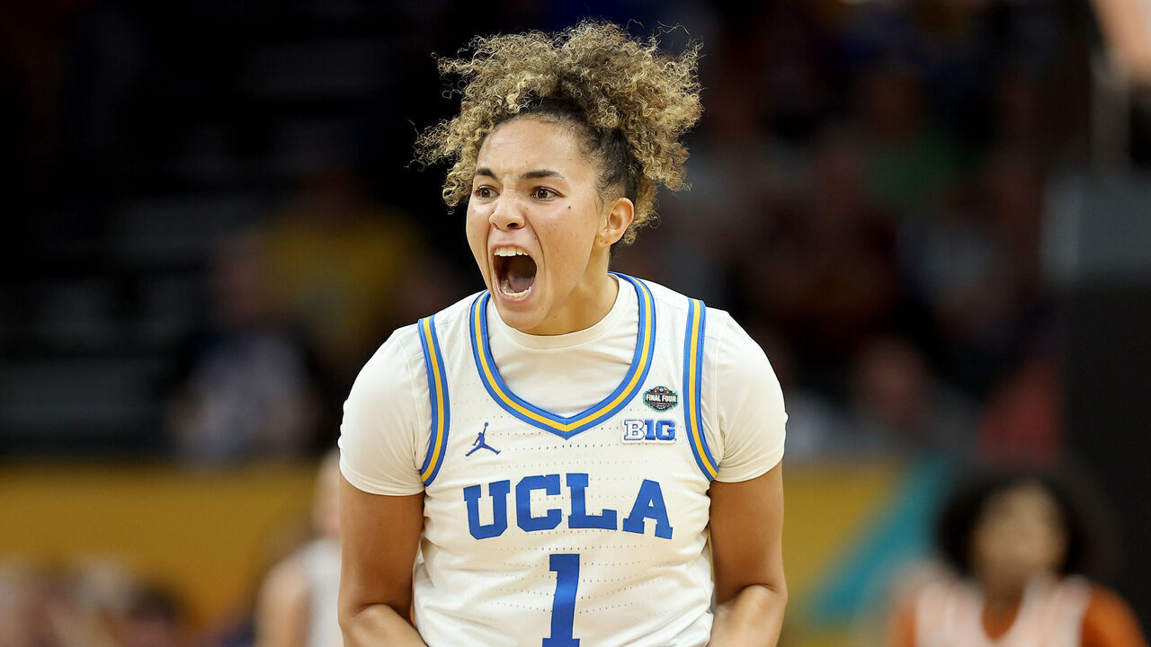 PHOENIX, ARIZONA - APRIL 03: Kiki Rice #1 of the UCLA Bruins reacts during the fourth quarter against the Texas Longhorns in the Final Four of the NCAA Women's Basketball Tournament at Mortgage Matchup Center on April 03, 2026 in Phoenix, Arizona.