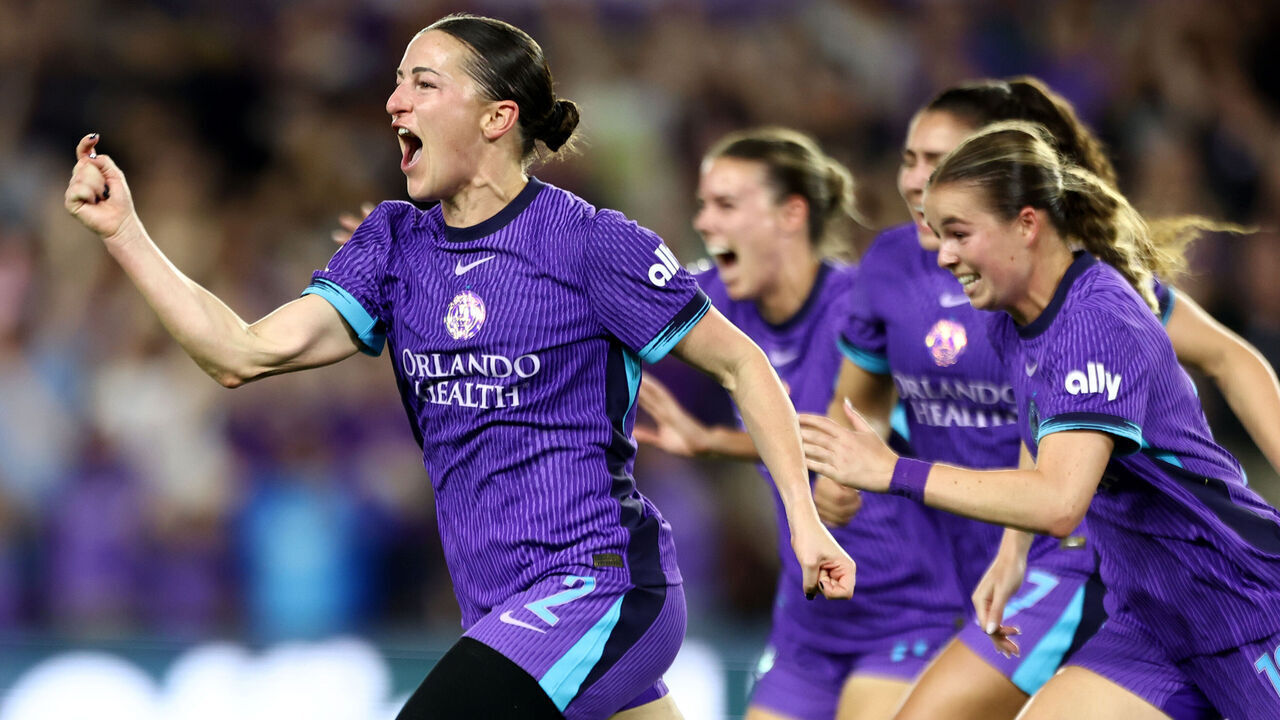 ORLANDO, FLORIDA - APRIL 3: Haley McCutcheon #2 of the Orlando Pride celebrates her wining goal over Angel City FC at Inter&Co Stadium on April 3, 2026 in Orlando, Florida.