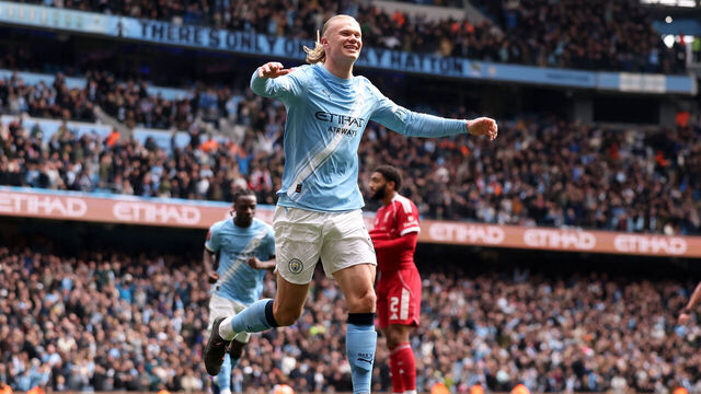 MANCHESTER, ENGLAND - APRIL 04: Erling Haaland of Manchester City celebrates scoring his team's fourth goal, and his hat-trick during the Emirates FA Cup Quarter Final match between Manchester City and Liverpool at Etihad Stadium on April 04, 2026 in Manchester, England.
