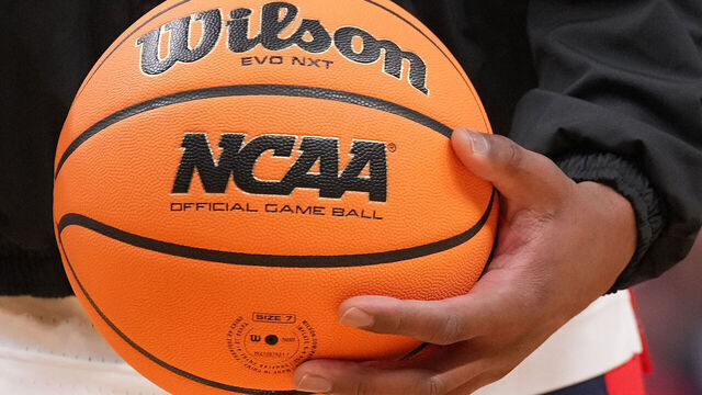 SAN JOSE, CALIFORNIA - MARCH 28: A detailed view of a basketball with an "NCAA" logo is seen before the Purdue Boilermakers take on the Arizona Wildcats in the Elite Eight of the 2026 NCAA Men's Basketball Tournament at SAP Center on March 28, 2026 in San Jose, California.