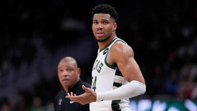 MILWAUKEE, WISCONSIN - MARCH 10: Giannis Antetokounmpo #34 of the Milwaukee Bucks reacts after not being allowed to enter game during the second half against the Phoenix Suns at Fiserv Forum on March 10, 2026 in Milwaukee, Wisconsin.