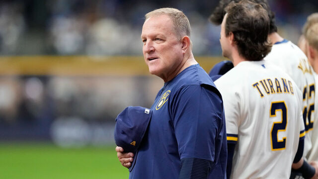 MILWAUKEE, WI - MARCH 26: Manager Pat Murphy #49 of the Milwaukee Brewers looks on during the national anthem prior to the game between the Chicago White Sox and the Milwaukee Brewers at American Family Field on Thursday, March 26, 2026 in Milwaukee, Wisconsin.