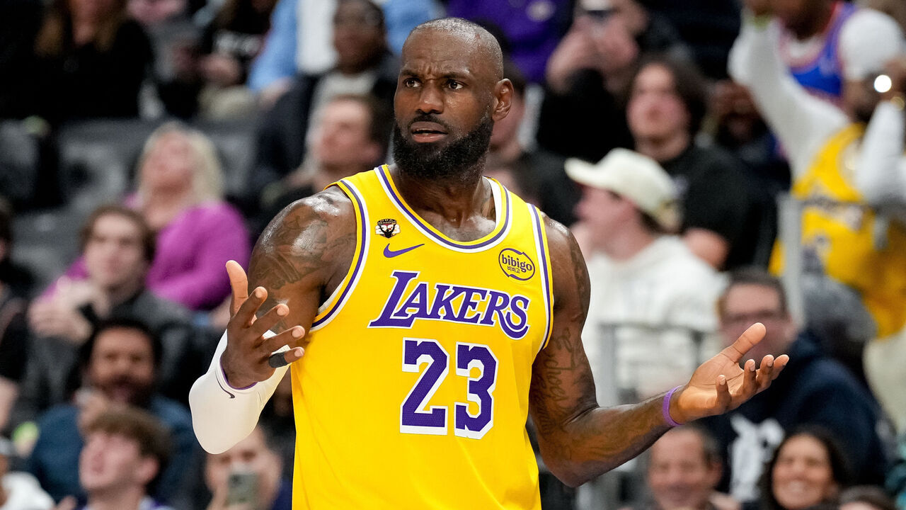 DETROIT, MICHIGAN - MARCH 23: LeBron James #23 of the Los Angeles Lakers reacts against the Detroit Pistons at Little Caesars Arena on March 23, 2026 in Detroit, Michigan.