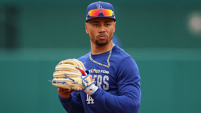 WASHINGTON, DC - APRIL 03: Mookie Betts #50 of the Los Angeles Dodgers warms up before the game against the Washington Nationals at Nationals Park on April 3, 2026 in Washington, DC.