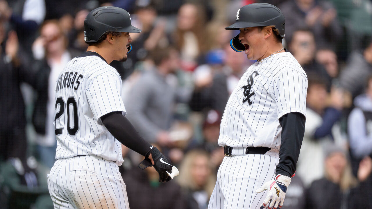 CHICAGO, ILLINOIS - APRIL 4: Munetaka Murakami #5 of the Chicago White Sox celebrates a two-run home run with Miguel Vargas #20 in the bottom of the sixth inning of a game against the Toronto Blue Jays at Rate Field on April 4, 2026 in Chicago, Illinois.