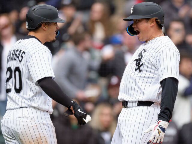 CHICAGO, ILLINOIS - APRIL 4: Munetaka Murakami #5 of the Chicago White Sox celebrates a two-run home run with Miguel Vargas #20 in the bottom of the sixth inning of a game against the Toronto Blue Jays at Rate Field on April 4, 2026 in Chicago, Illinois.