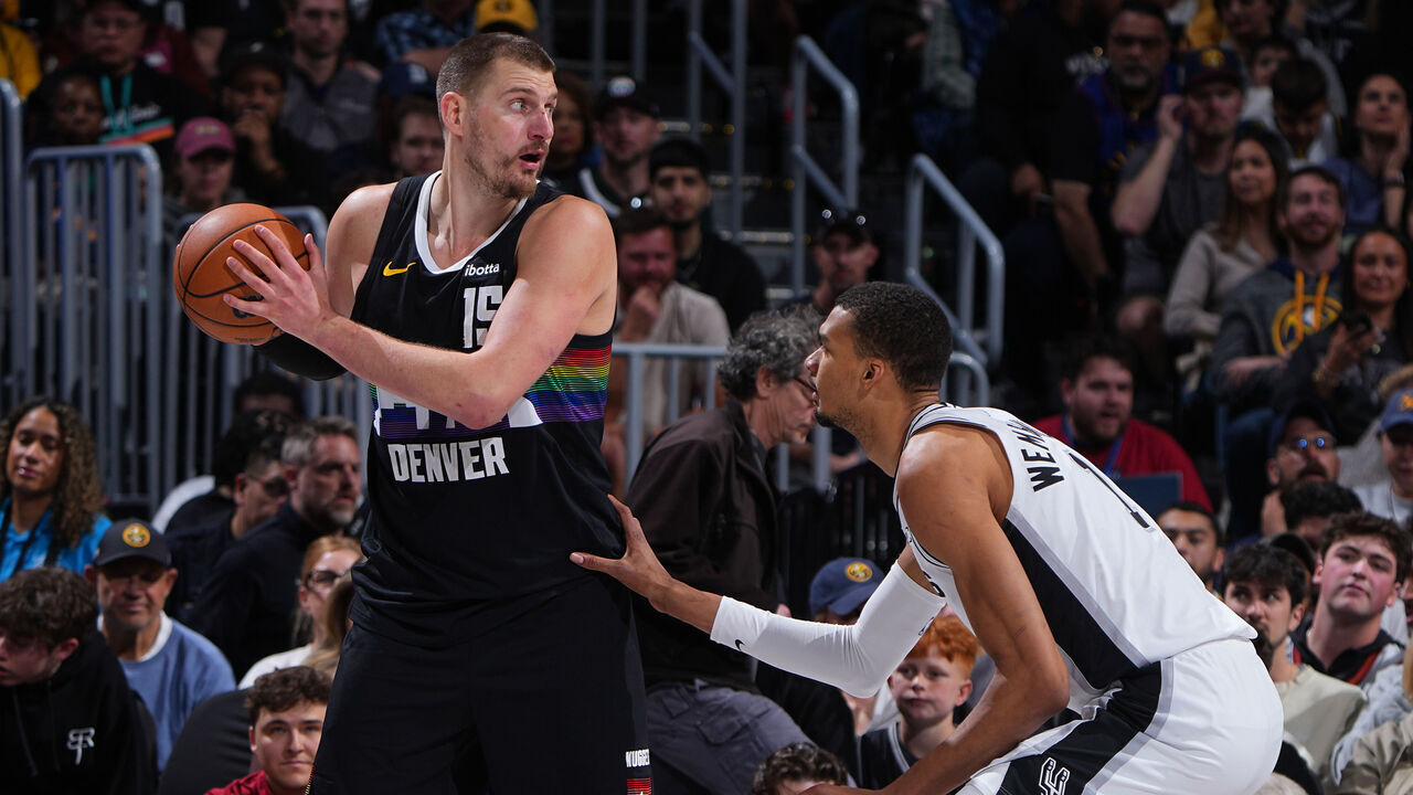 DENVER, CO - APRIL 4: Nikola Jokic #15 of the Denver Nuggets handles the ball during the game against the San Antonio Spurs on April 4, 2026 at Ball Arena in Denver, Colorado. NOTE TO USER: User expressly acknowledges and agrees that, by downloading and/or using this Photograph, user is consenting to the terms and conditions of the Getty Images License Agreement. Mandatory Copyright Notice: Copyright 2026 NBAE
