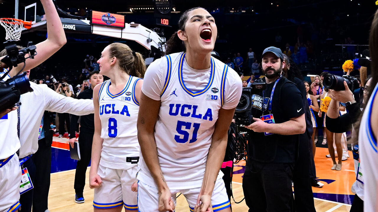 PHOENIX, ARIZONA - APRIL 3: Lauren Betts #51 of the UCLA Bruins reacts after winning a NCAA Women's Final Four semifinal game against the Texas Longhorns at Mortgage Matchup Center on April 3, 2026 in Phoenix, Arizona.