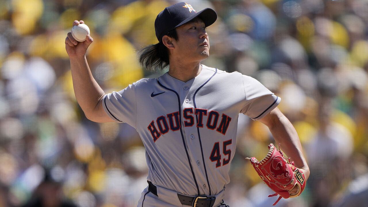 SACRAMENTO, CALIFORNIA - APRIL 04: Tatsuya Imai #45 of the Houston Astros pitches against the Athletics in the bottom of the first inning at Sutter Health Park on April 04, 2026 in Sacramento, California.