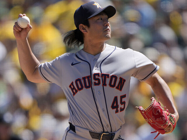 SACRAMENTO, CALIFORNIA - APRIL 04: Tatsuya Imai #45 of the Houston Astros pitches against the Athletics in the bottom of the first inning at Sutter Health Park on April 04, 2026 in Sacramento, California.