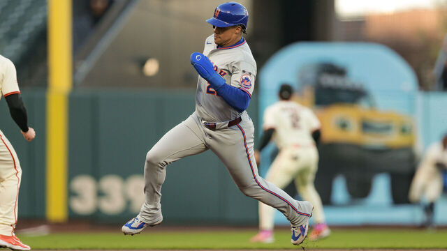 SAN FRANCISCO, CA - APRIL 02: New York Mets right fielder Juan Soto (22) rounds third base during a MLB game between the New York Mets and the San Francisco Giants on April 02, 2026, at Oracle Park in San Francisco, CA.