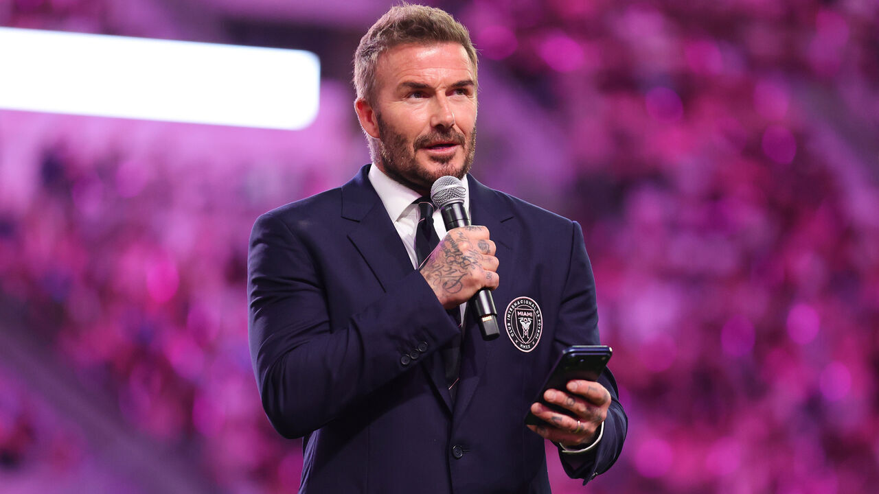 MIAMI, FLORIDA - APRIL 04: Sir David Beckham, Co-owner of Inter Miami CF, speaks prior to the MLS match between Inter Miami CF and Austin FC at Nu Stadium on April 04, 2026 in Miami, Florida.