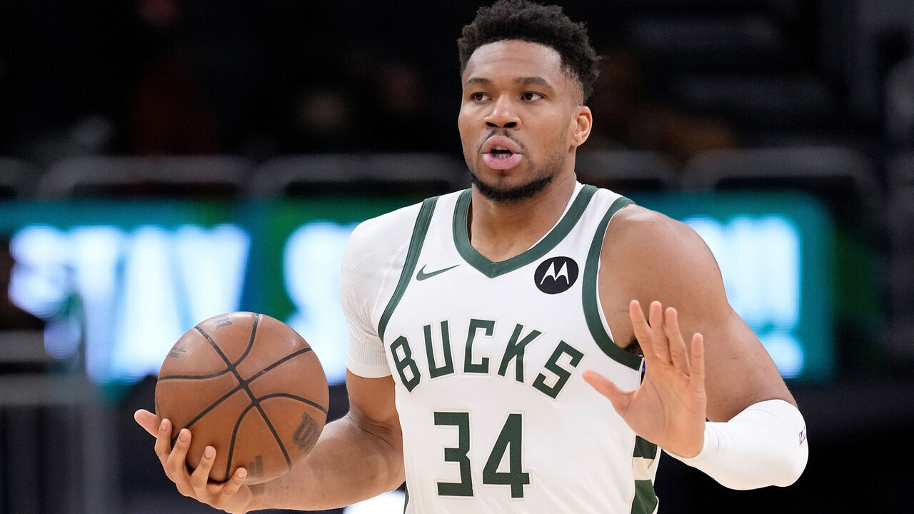 MILWAUKEE, WISCONSIN - MARCH 10: Giannis Antetokounmpo #34 of the Milwaukee Bucks dribbles the basketball up court during the first half of the game against the Phoenix Suns at Fiserv Forum on March 10, 2026 in Milwaukee, Wisconsin.
