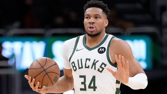 MILWAUKEE, WISCONSIN - MARCH 10: Giannis Antetokounmpo #34 of the Milwaukee Bucks dribbles the basketball up court during the first half of the game against the Phoenix Suns at Fiserv Forum on March 10, 2026 in Milwaukee, Wisconsin.