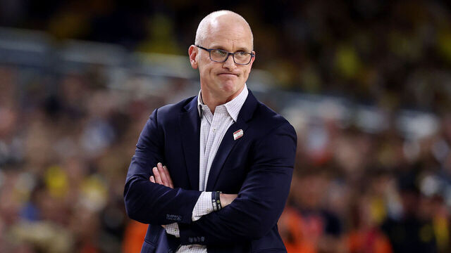 INDIANAPOLIS, INDIANA - APRIL 04: Head coach Dan Hurley of the UConn Huskies reacts against the Illinois Fighting Illini during the first half in the Final Four of the 2026 NCAA Men's Basketball Tournament at Lucas Oil Stadium on April 04, 2026 in Indianapolis, Indiana.