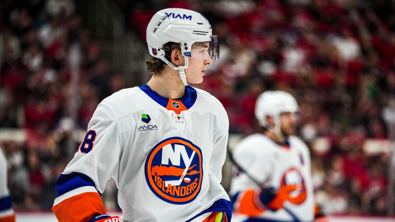 RALEIGH, NORTH CAROLINA - APRIL 04: Defenseman Matthew Schaefer #48 of the New York Islanders looks on during the first period of the game against the New York Islanders at Lenovo Center on April 4, 2026 in Raleigh, North Carolina.