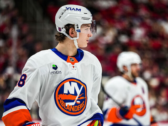 RALEIGH, NORTH CAROLINA - APRIL 04: Defenseman Matthew Schaefer #48 of the New York Islanders looks on during the first period of the game against the New York Islanders at Lenovo Center on April 4, 2026 in Raleigh, North Carolina.