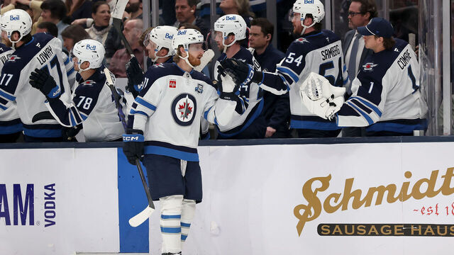 COLUMBUS, OHIO - APRIL 4: Kyle Connor #81 of the Winnipeg Jets is congratulated by his teammates after scoring a goal during the third period of the game against the Columbus Blue Jackets at Nationwide Arena on April 4, 2026 in Columbus, Ohio. Winnipeg defeated Columbus 2-1.
