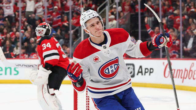 NEWARK, NEW JERSEY - APRIL 4: Ivan Demidov #93 of the Montréal Canadiens celebrates after scoring a shootout goal against the New Jersey Devils at Prudential Center on April 4, 2026 in Newark, New Jersey.