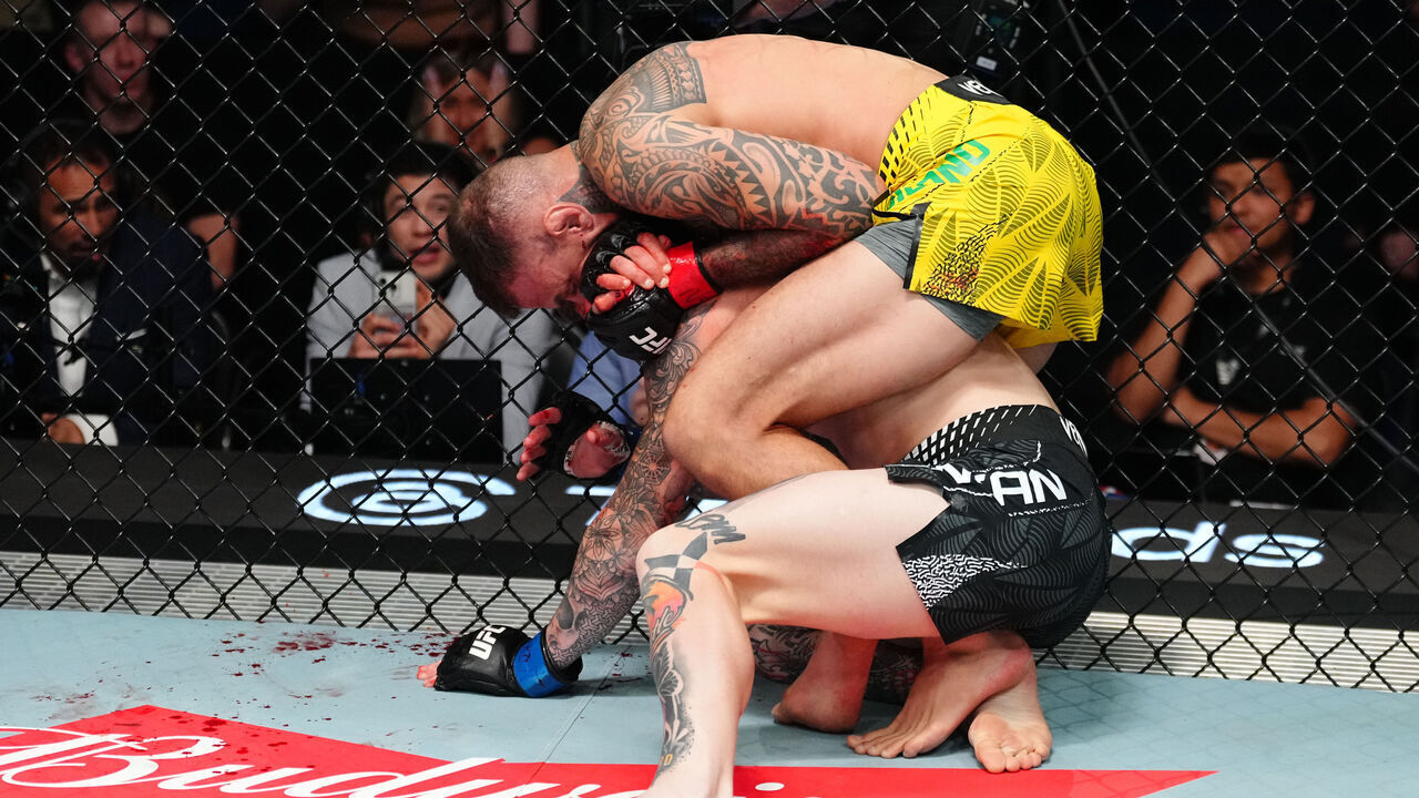 LAS VEGAS, NEVADA - APRIL 04: Renato Moicano of Brazil works for a submission against Chris Duncan of Scotland in a lightweight fight during the UFC Fight Night event at Meta APEX on April 04, 2026 in Las Vegas, Nevada.