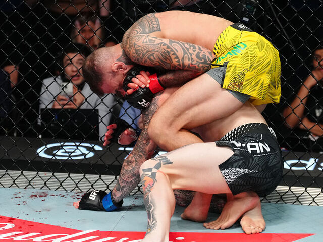 LAS VEGAS, NEVADA - APRIL 04: Renato Moicano of Brazil works for a submission against Chris Duncan of Scotland in a lightweight fight during the UFC Fight Night event at Meta APEX on April 04, 2026 in Las Vegas, Nevada.