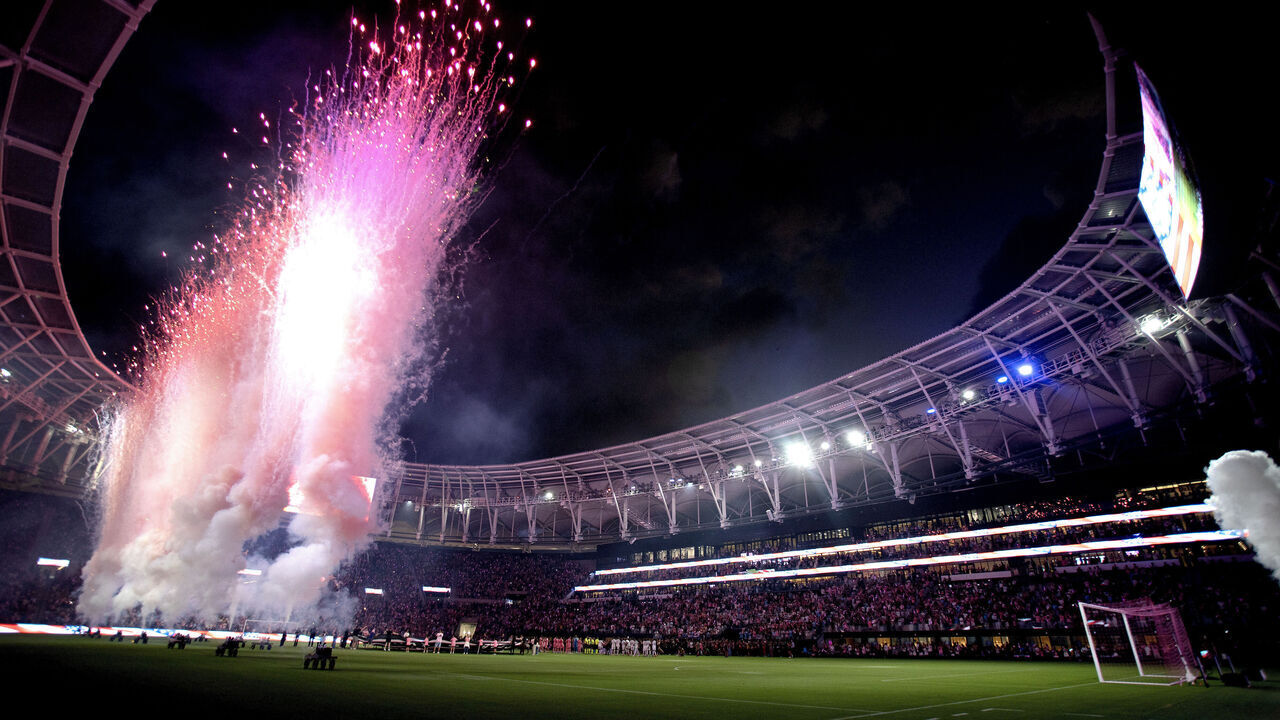 MIAMI, FLORIDA - APRIL 4: Fireworks show during national anthem before the game between Austin FC and Inter Miami CF at Nu Stadium on April 4, 2026 in Miami, Florida.