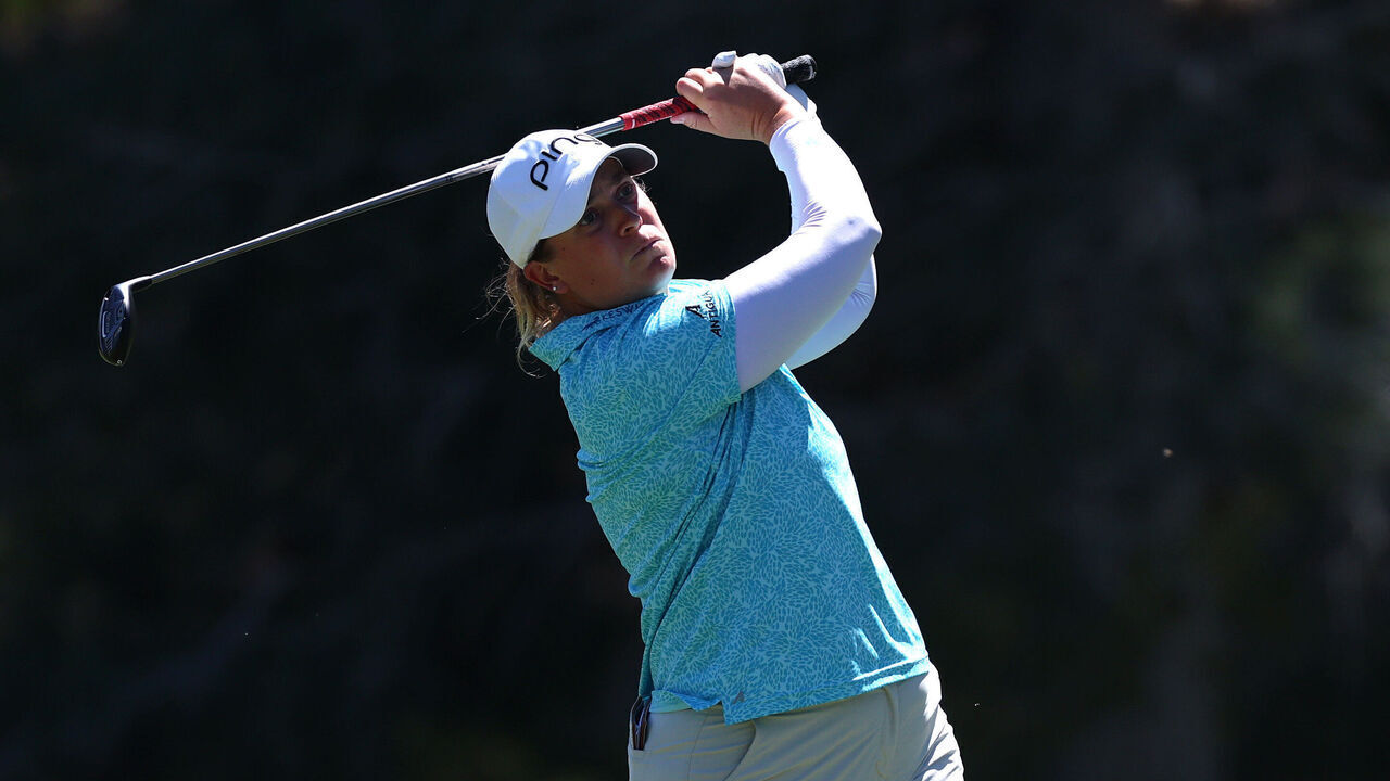 LAS VEGAS, NEVADA - APRIL 04: Lauren Coughlin of the United States plays a shot on the third hole during the third round of the Aramco Championship 2026 at Shadow Creek Golf Course on April 04, 2026 in Las Vegas, Nevada.