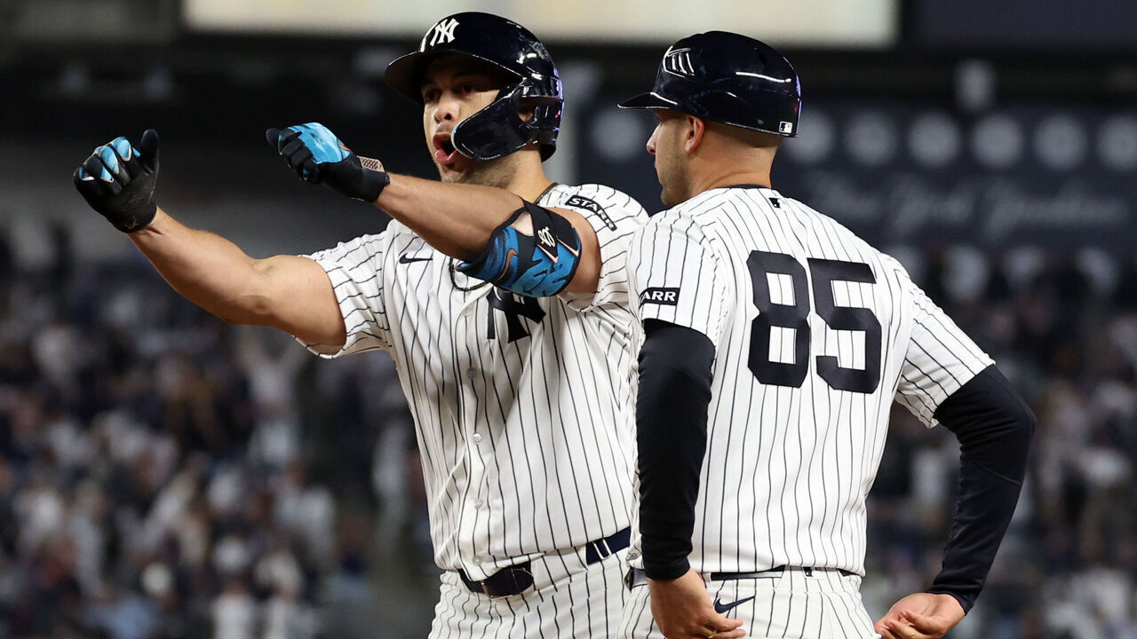 NEW YORK, NY - APRIL 04: Giancarlo Stanton #27 of the New York Yankees hits an RBI single to take the lead during the game against the Miami Marlins at Yankee Stadium on April 4, 2026 in New York, New York.
